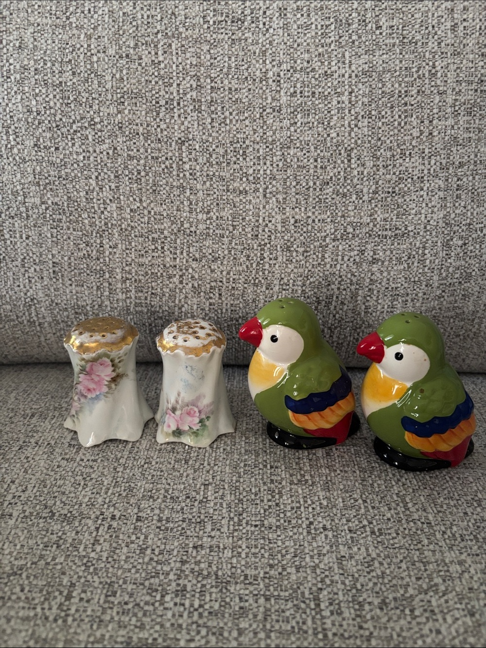 Ceramic Green Parrot Salt and Pepper Shaker Set with Floral Porcelain Shakers